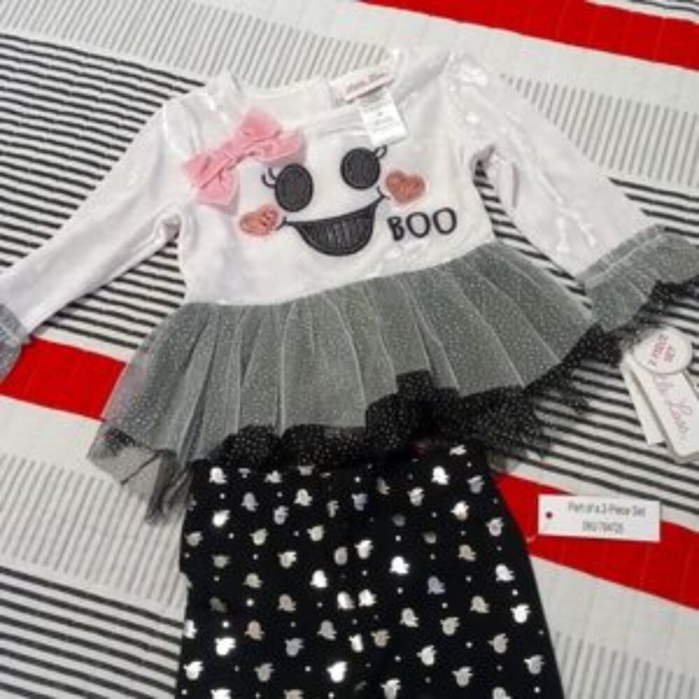 Little Lass Girl Black/White Halloween Ghost Boo Velour Tulle/Leggings 12M - Picture 4 of 4